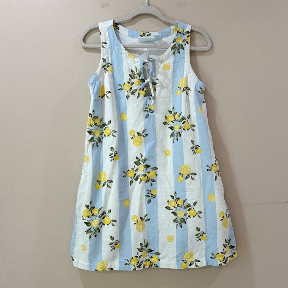 Martha Stewart Lemon Print Striped Mini Dress Sleeveless Keyhole Blue White XS